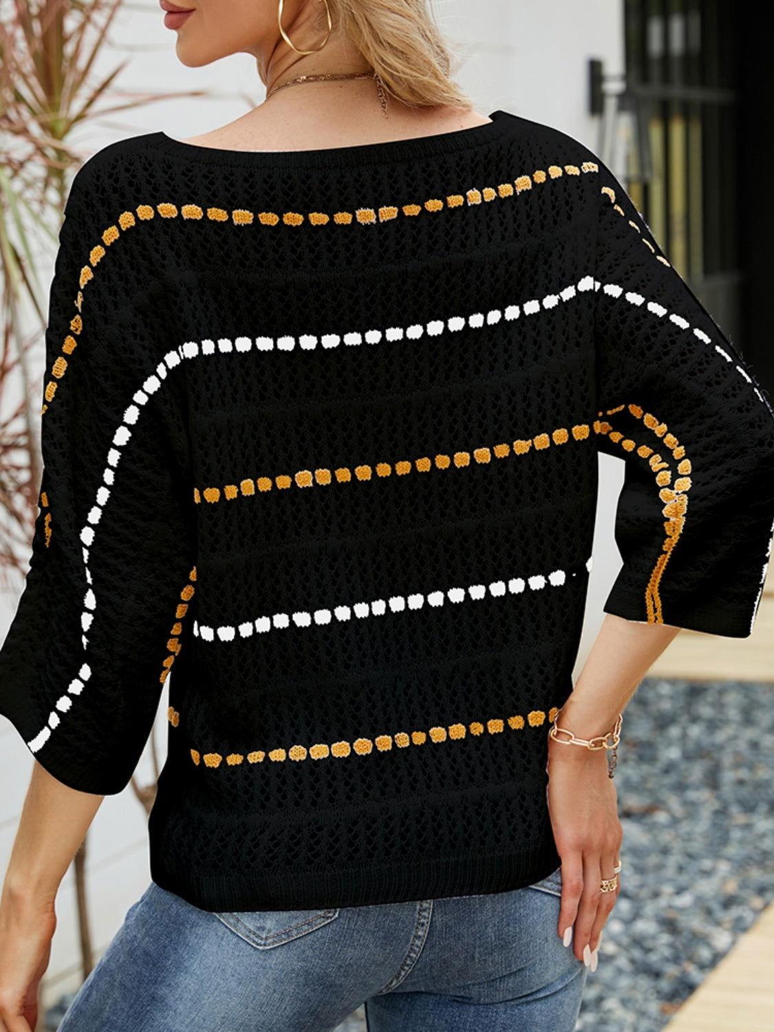 Eyelet Striped Round Neck Knit Top - Clothes For Her Online Store