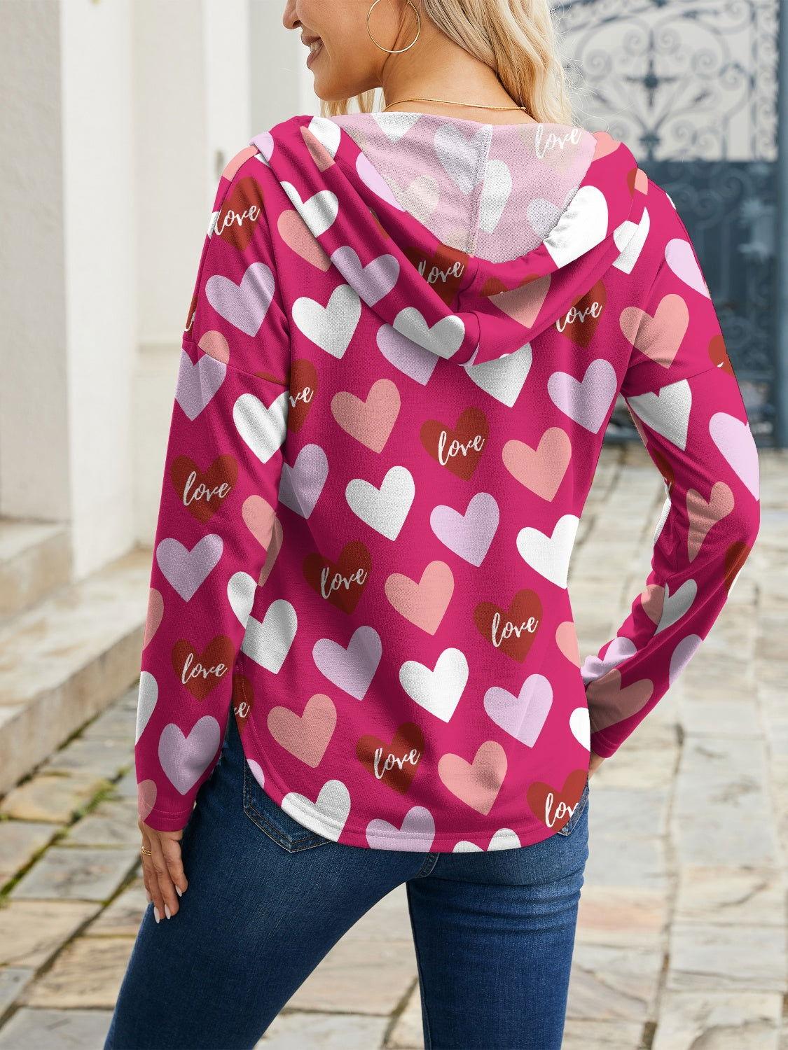 FAM-FAM Heart Drawstring Dropped Shoulder Hoodie - Clothes For Her Online Store
