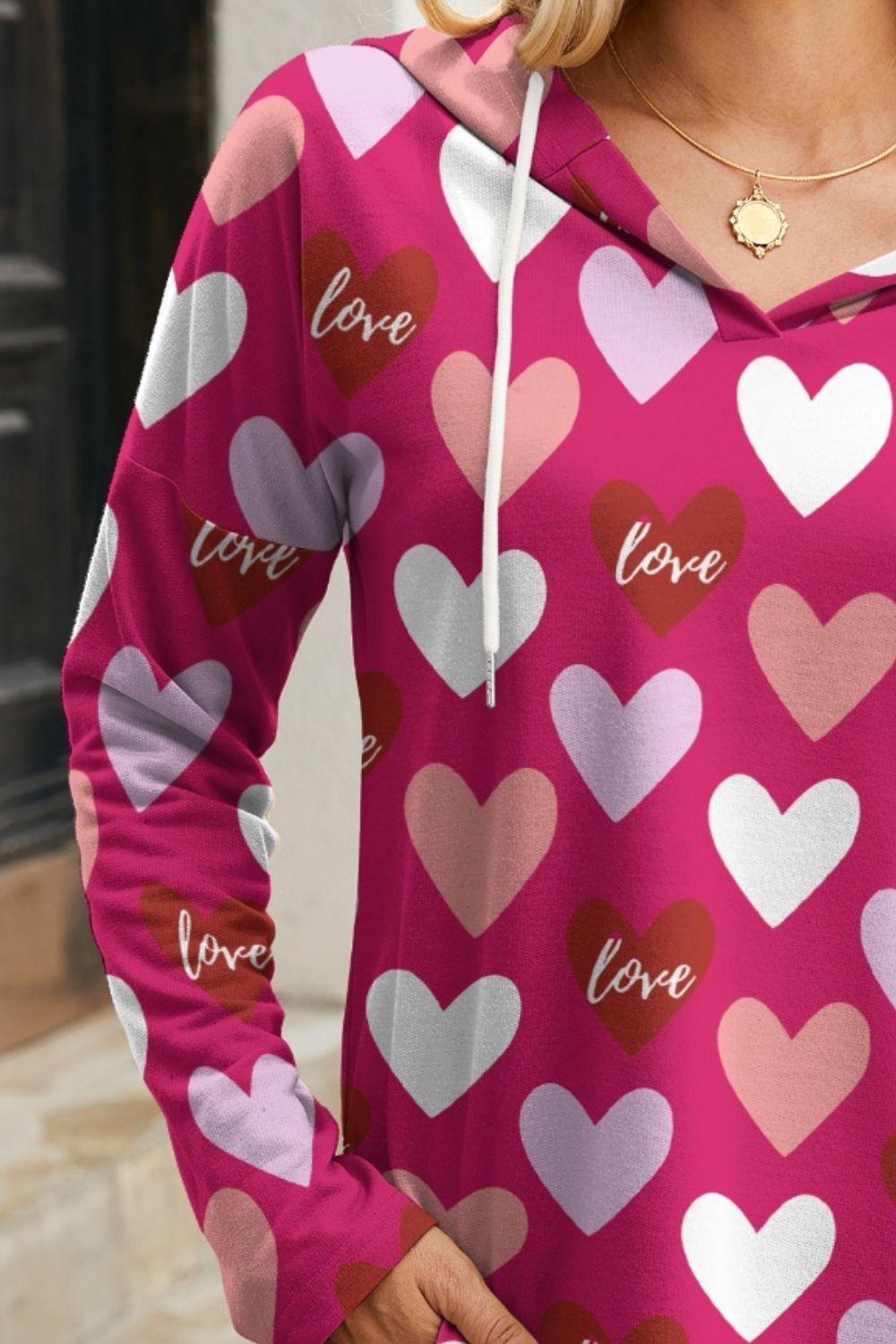 FAM-FAM Heart Drawstring Dropped Shoulder Hoodie - Clothes For Her Online Store