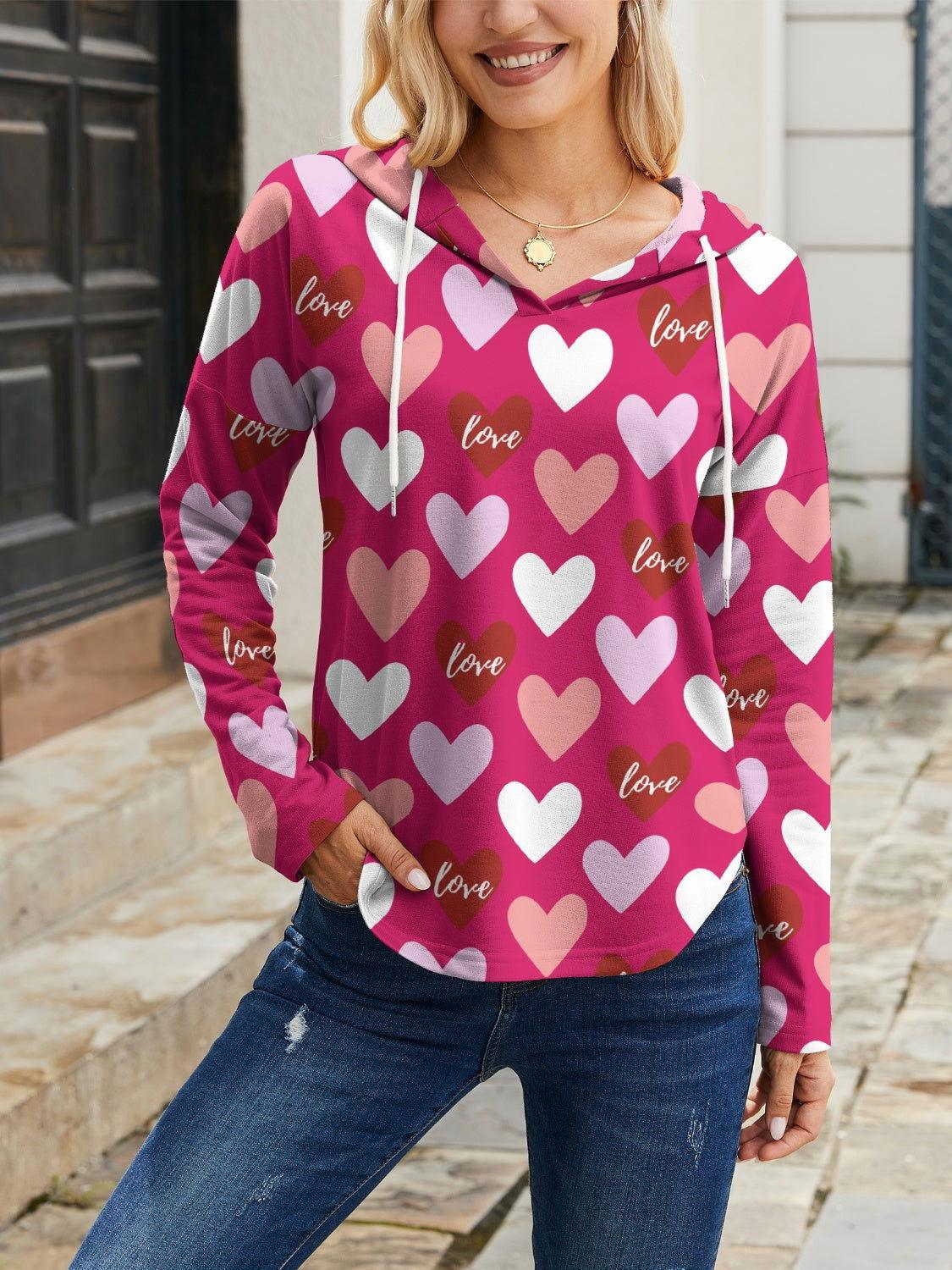 FAM-FAM Heart Drawstring Dropped Shoulder Hoodie - Clothes For Her Online Store