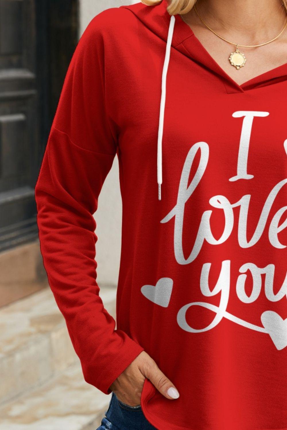 FAM-FAM I LOVE YOU Drawstring Long Sleeve Hoodie - Clothes For Her Online Store