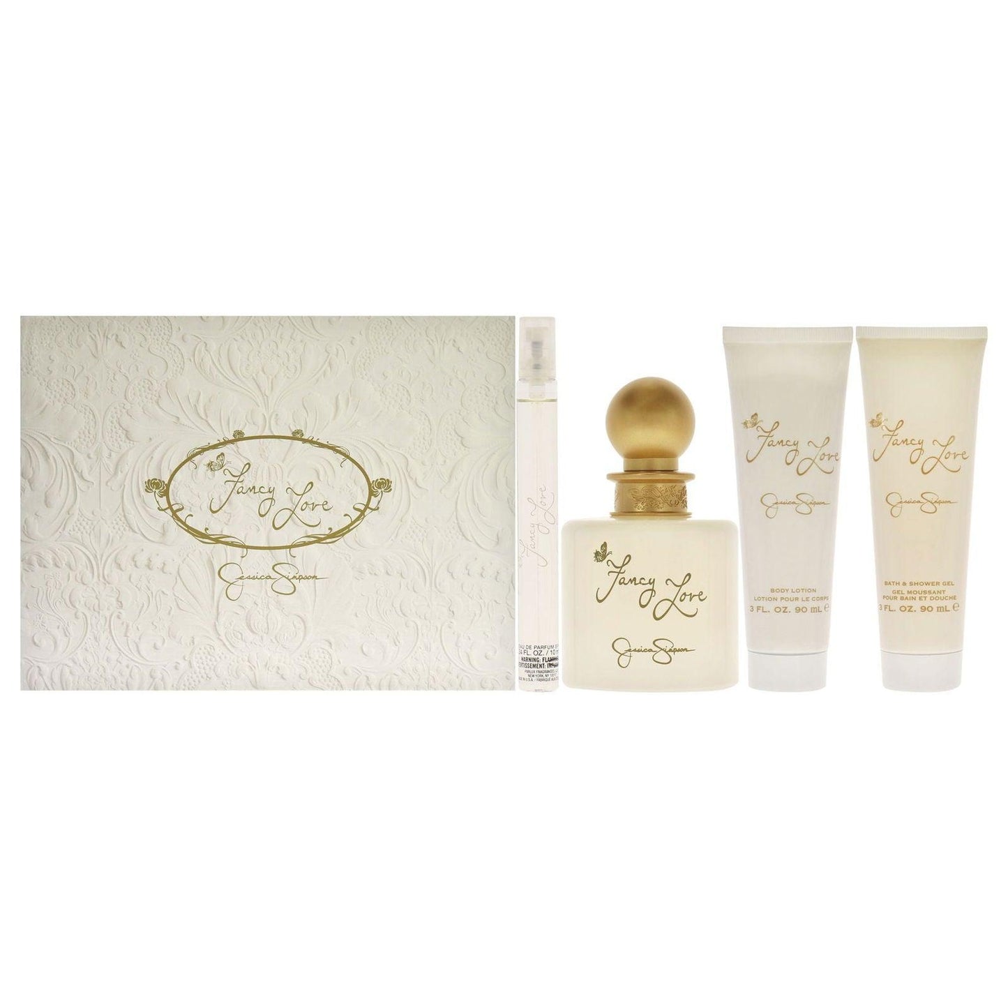 Fancy Love by Jessica Simpson for Women - 4 Pc Gift Set 3.4oz EDP Spray, 0.34oz EDP Mini Spray, 3oz Body Lotion, 3oz Bath and Shower Gel - Clothes For Her Online Store