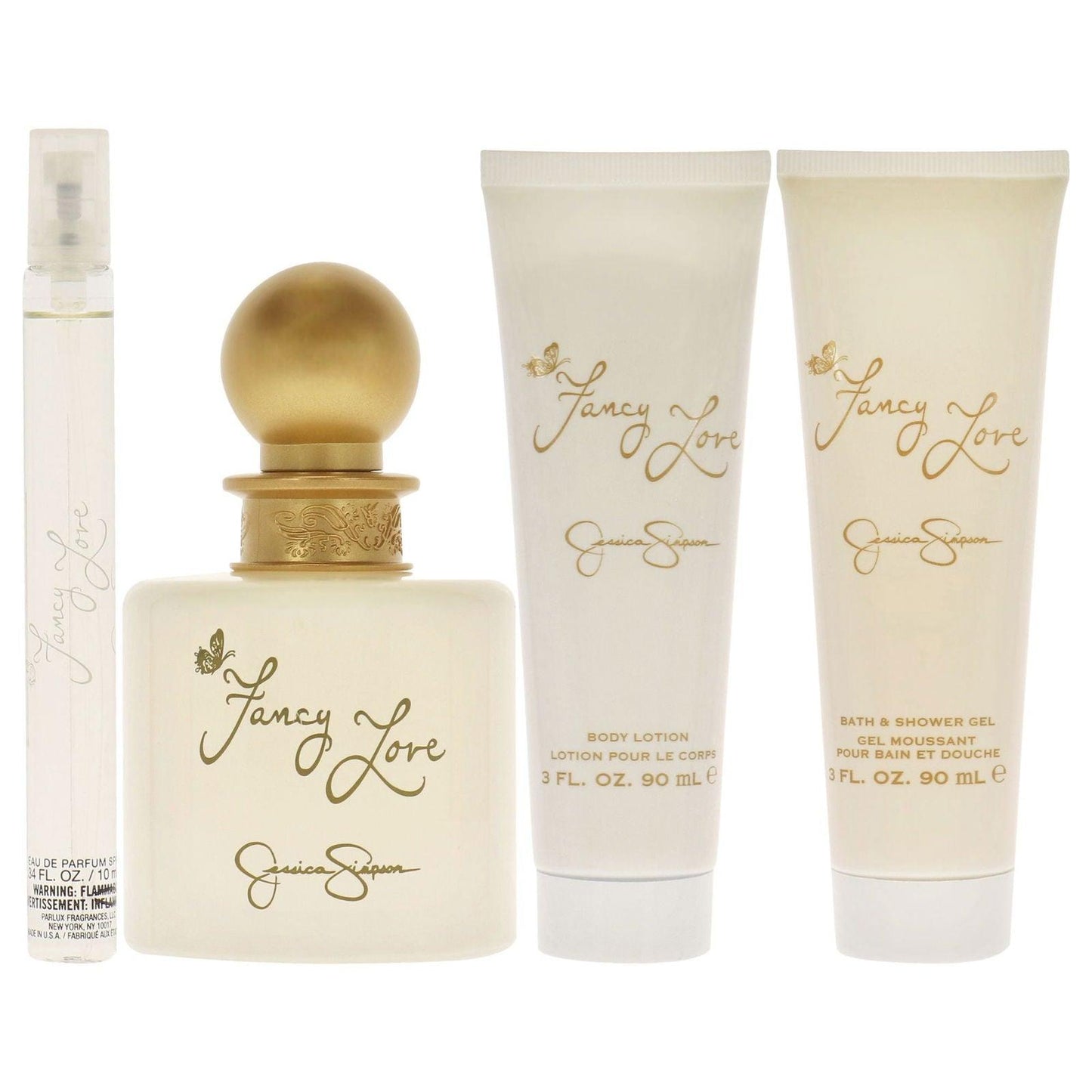 Fancy Love by Jessica Simpson for Women - 4 Pc Gift Set 3.4oz EDP Spray, 0.34oz EDP Mini Spray, 3oz Body Lotion, 3oz Bath and Shower Gel - Clothes For Her Online Store