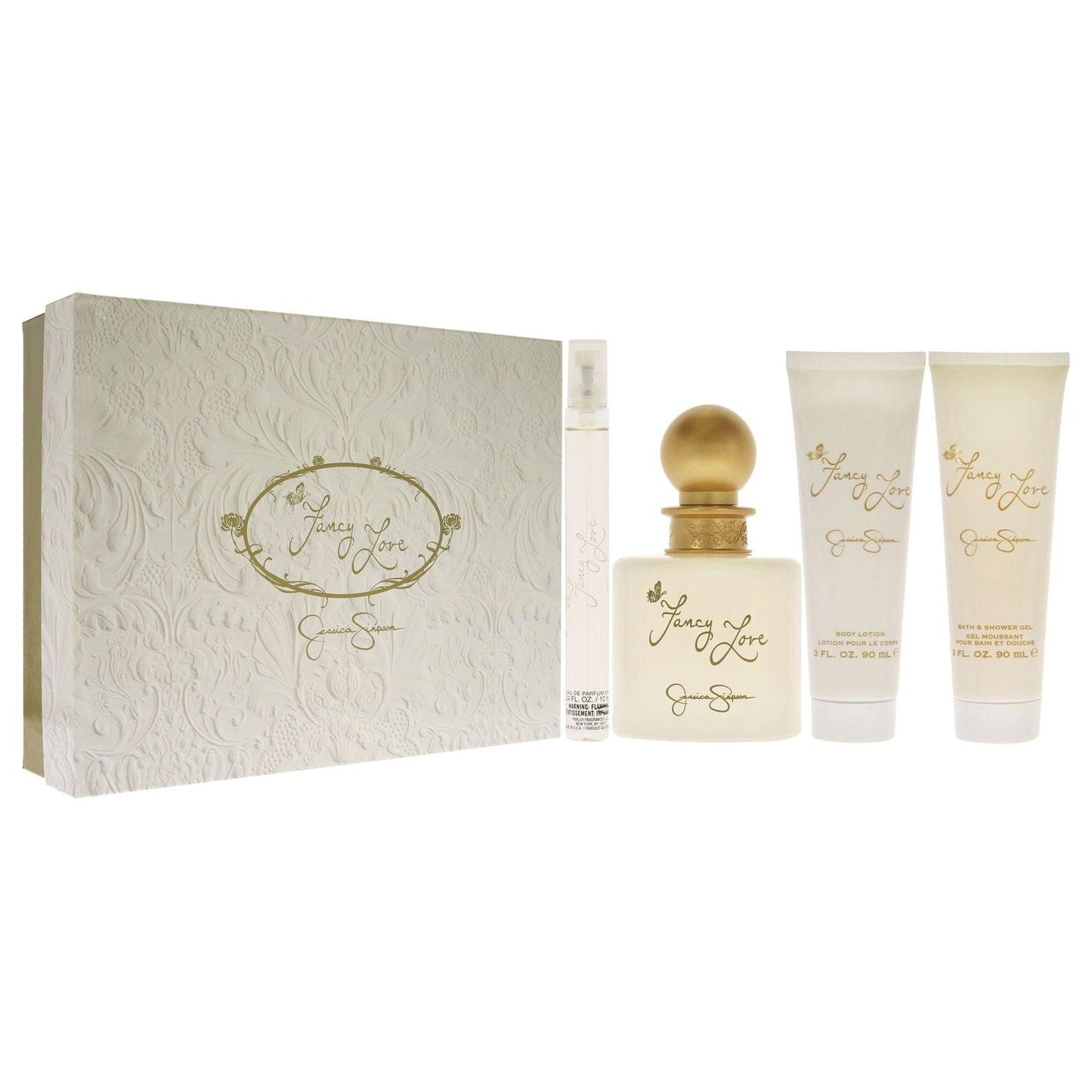 Fancy Love by Jessica Simpson for Women - 4 Pc Gift Set 3.4oz EDP Spray, 0.34oz EDP Mini Spray, 3oz Body Lotion, 3oz Bath and Shower Gel - Clothes For Her Online Store