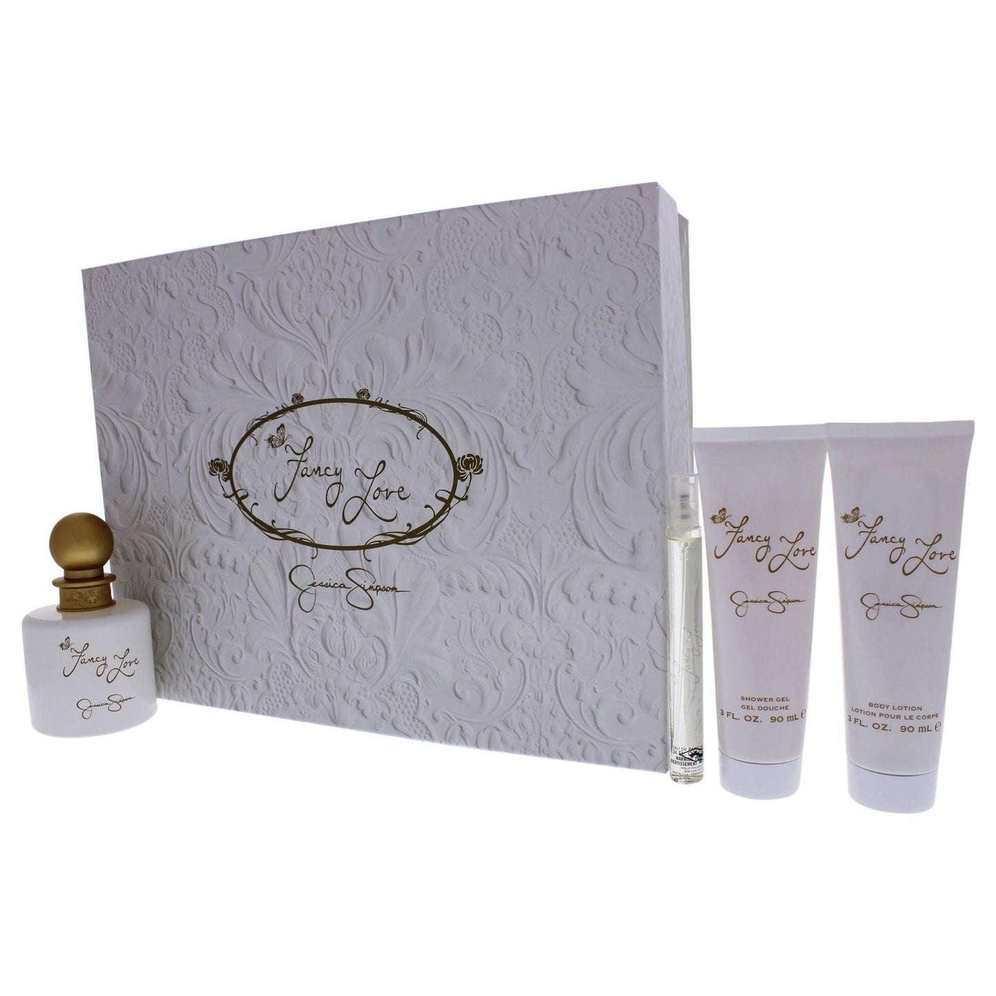 Fancy Love by Jessica Simpson for Women - 4 Pc Gift Set 3.4oz EDP Spray, 0.34oz EDP Mini Spray, 3oz Body Lotion, 3oz Bath and Shower Gel - Clothes For Her Online Store