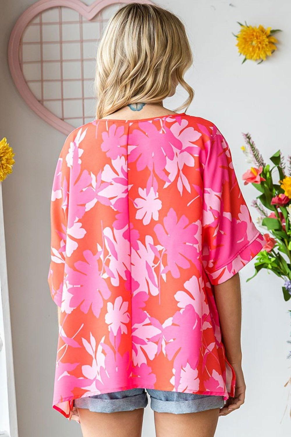 First Love Slit Printed Round Neck Half Sleeve Blouse - Clothes For Her Online Store