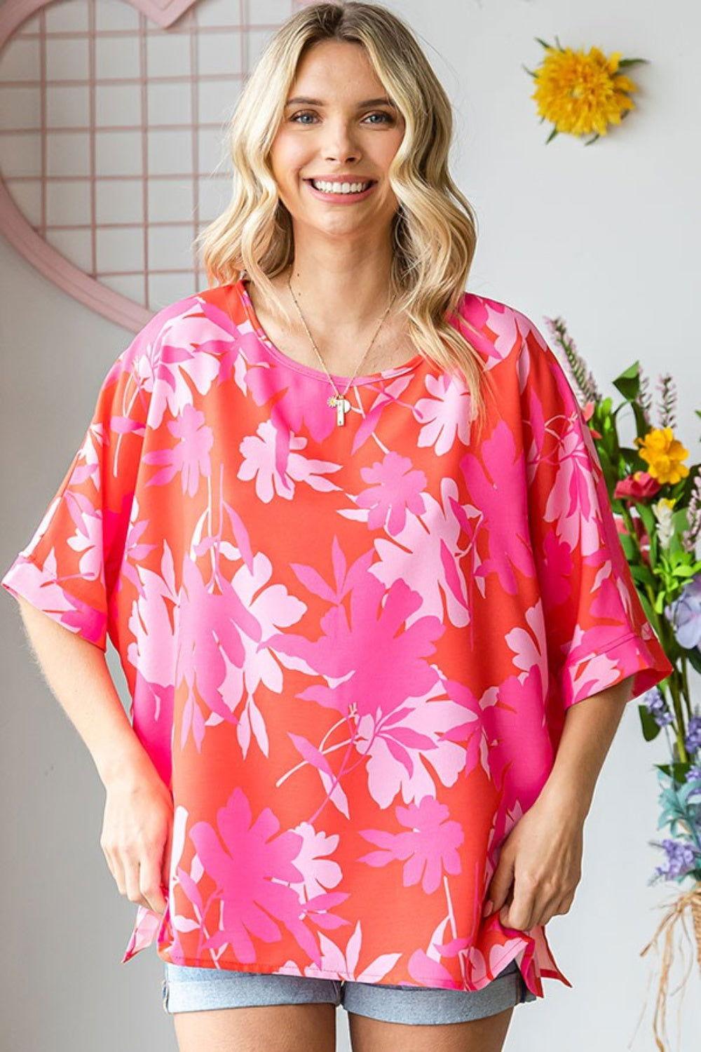 First Love Slit Printed Round Neck Half Sleeve Blouse - Clothes For Her Online Store