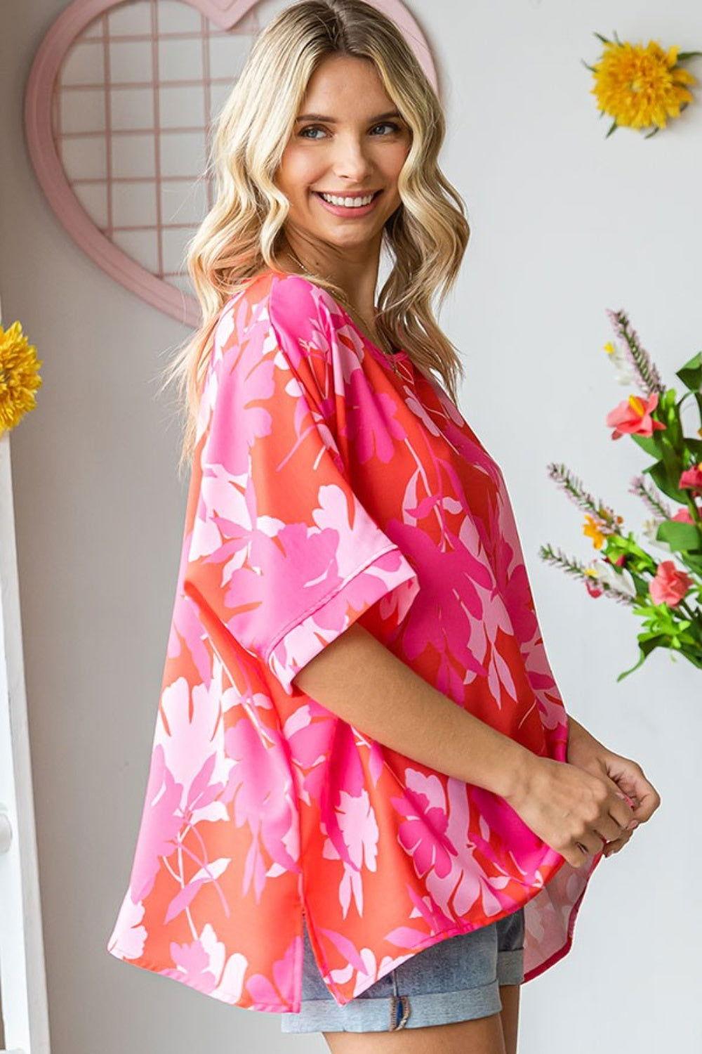 First Love Slit Printed Round Neck Half Sleeve Blouse - Clothes For Her Online Store