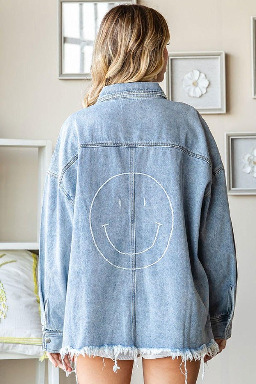 First Love Smile Face Button Down Raw Hem Denim Jacket - Clothes For Her Online Store