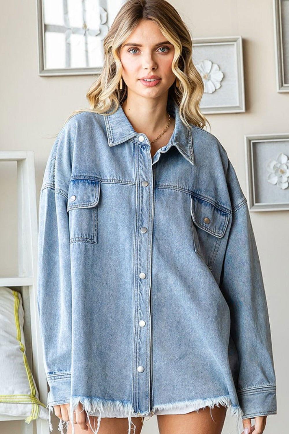 First Love Smile Face Button Down Raw Hem Denim Jacket - Clothes For Her Online Store