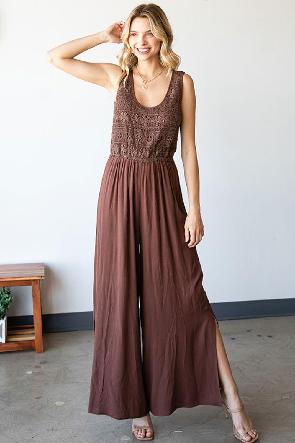 First Love Tie Back Sleeveless Slit Wide Leg Jumpsuit - Clothes For Her Online Store