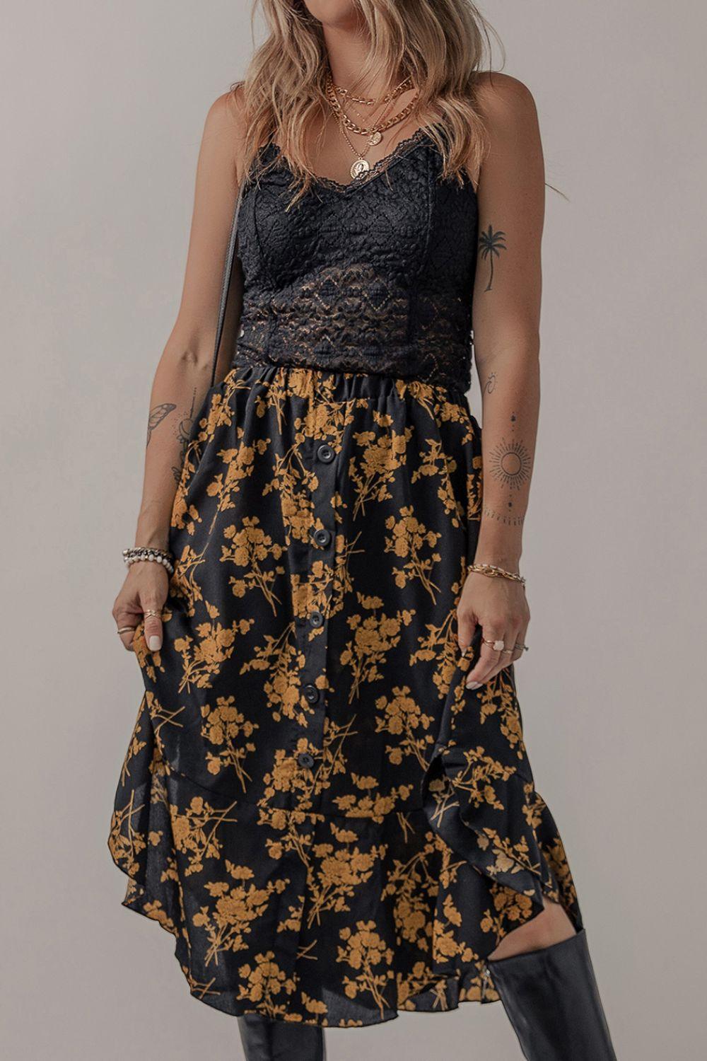 Floral Buttoned Ruffle Hem Skirt - Clothes For Her Online Store