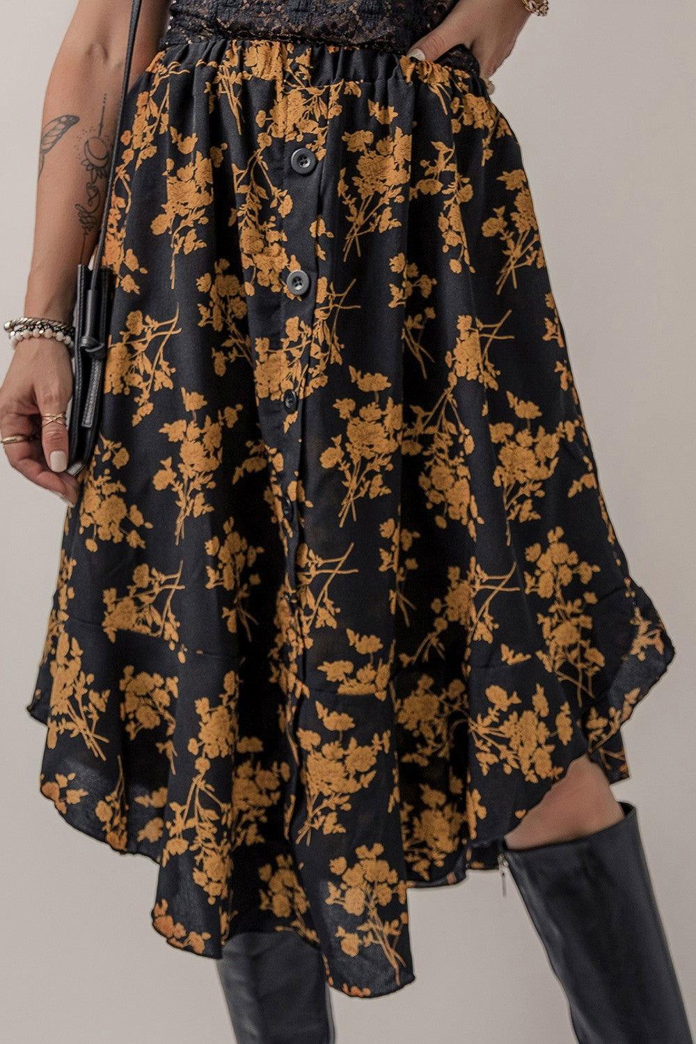 Floral Buttoned Ruffle Hem Skirt - Clothes For Her Online Store