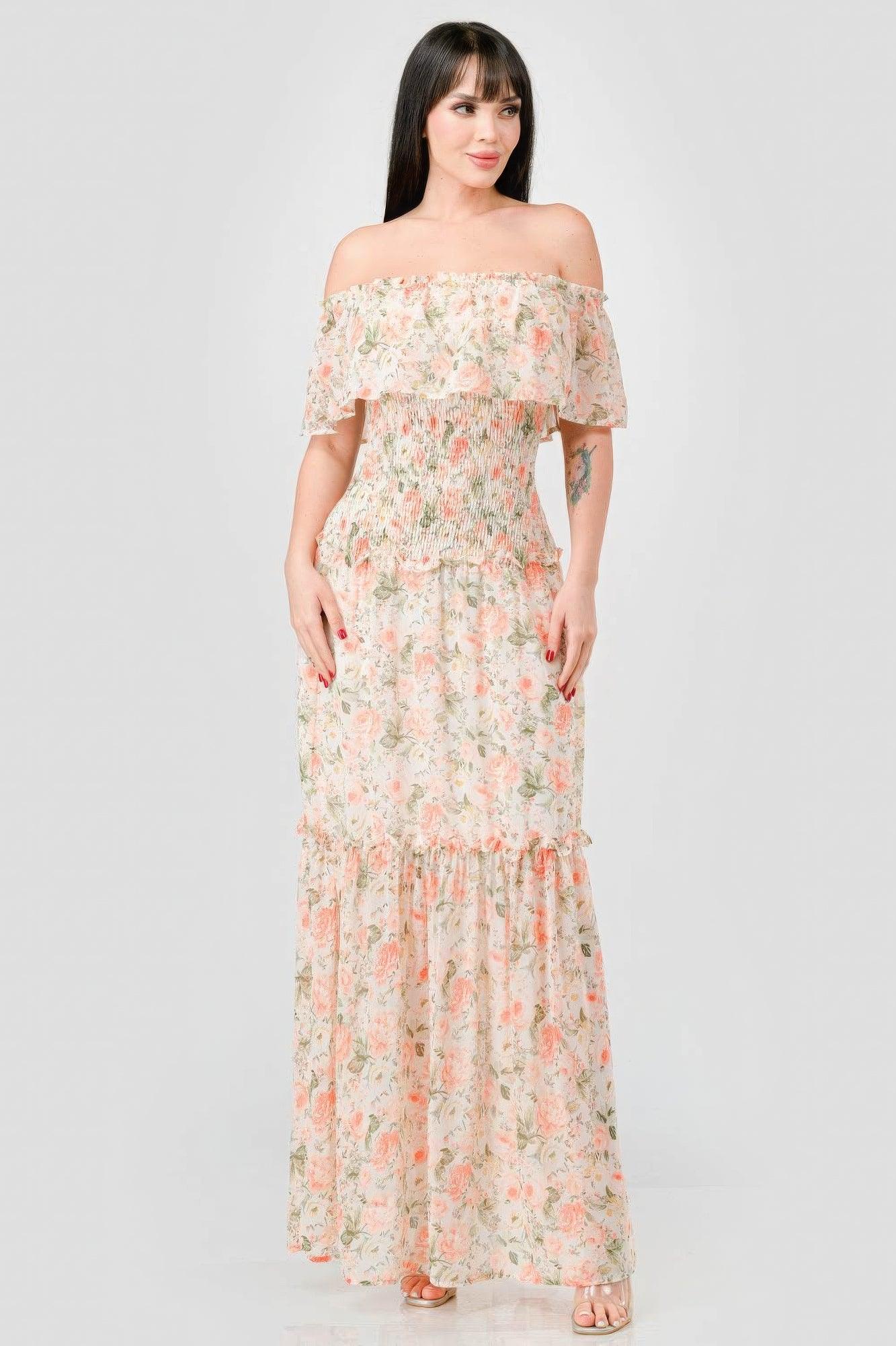 Floral Chiffon Off Shoulder Smocked Back Ruffled Tiered Maxi Dress - Clothes For Her Online Store