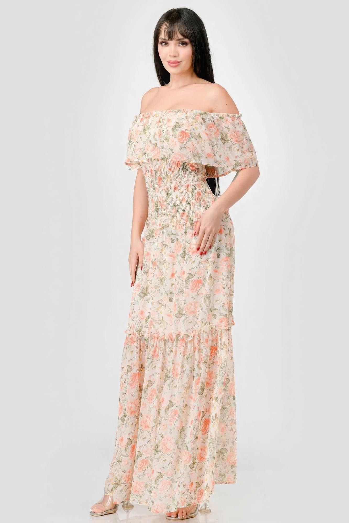 Floral Chiffon Off Shoulder Smocked Back Ruffled Tiered Maxi Dress - Clothes For Her Online Store