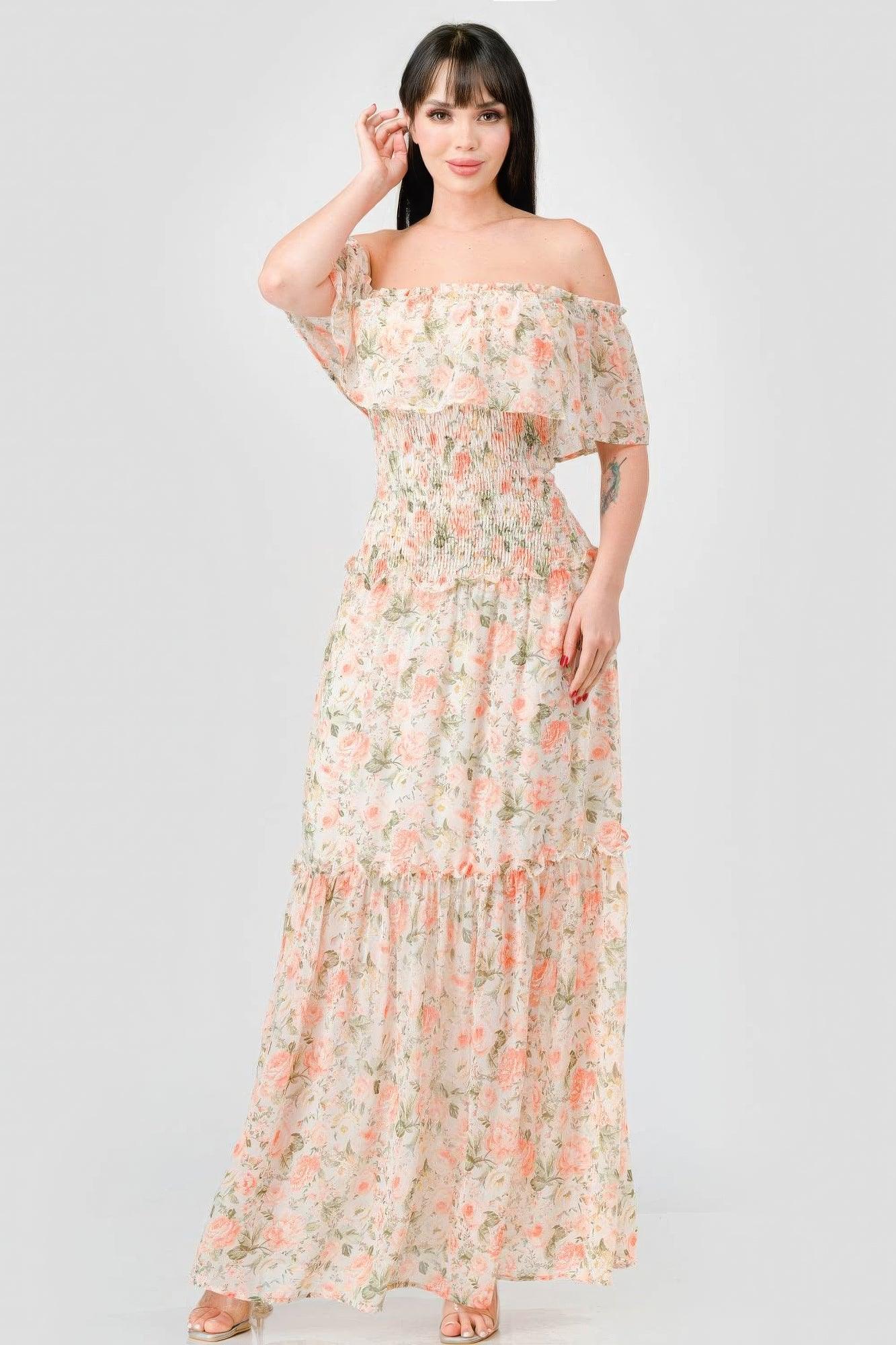Floral Chiffon Off Shoulder Smocked Back Ruffled Tiered Maxi Dress - Clothes For Her Online Store