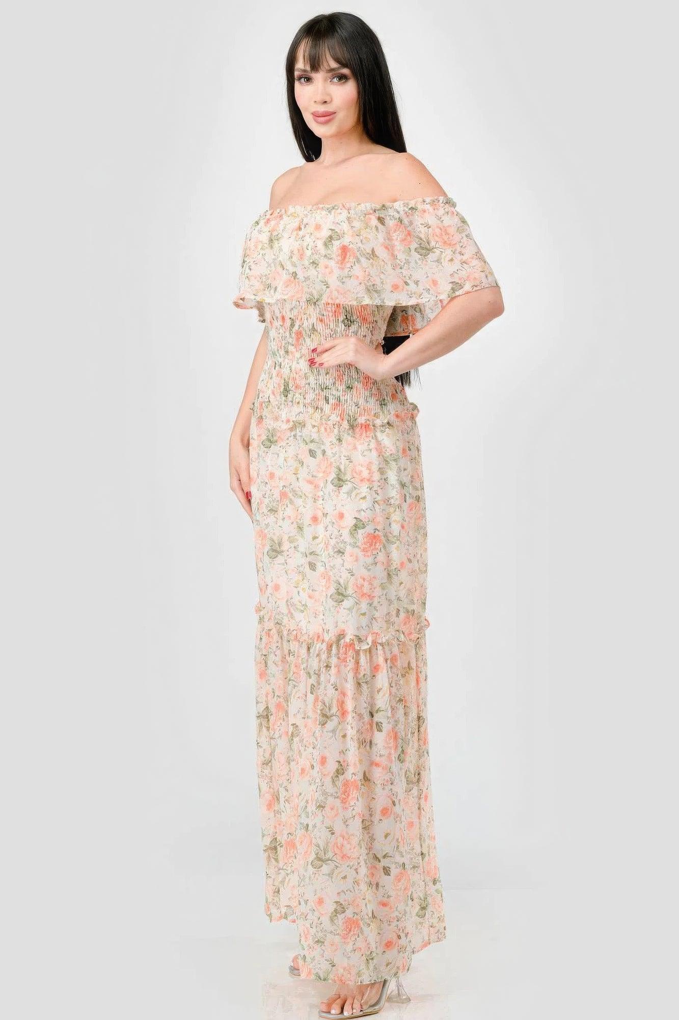 Floral Chiffon Off Shoulder Smocked Back Ruffled Tiered Maxi Dress - Clothes For Her Online Store