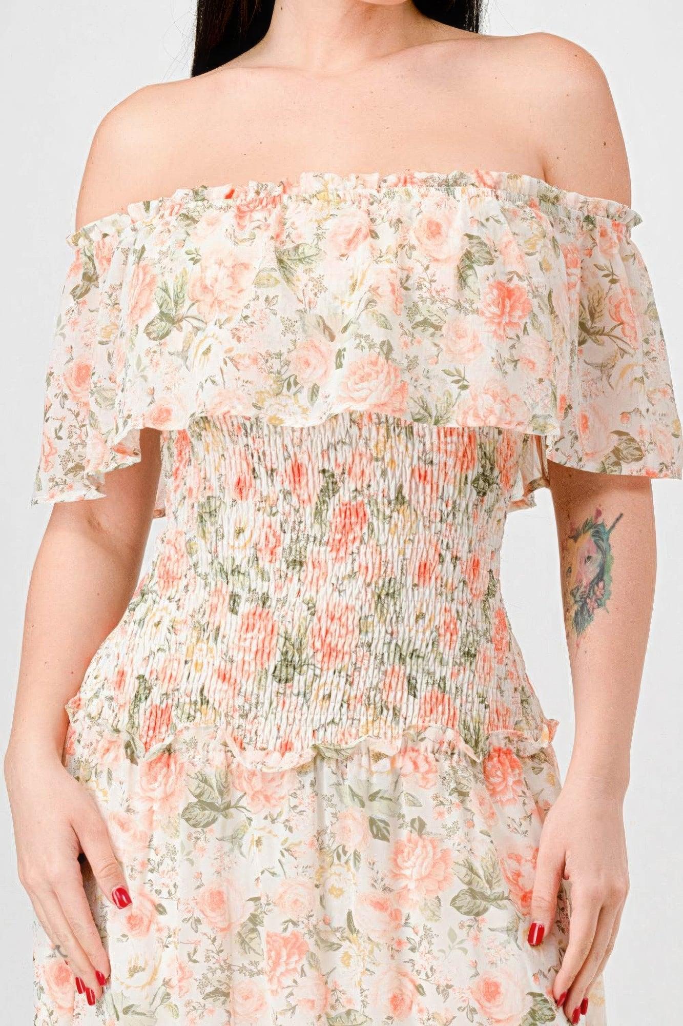 Floral Chiffon Off Shoulder Smocked Back Ruffled Tiered Maxi Dress - Clothes For Her Online Store