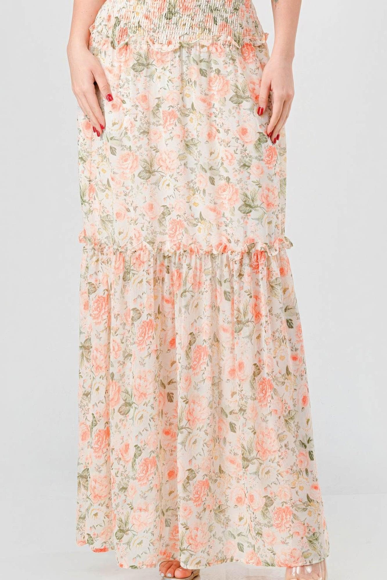 Floral Chiffon Off Shoulder Smocked Back Ruffled Tiered Maxi Dress - Clothes For Her Online Store