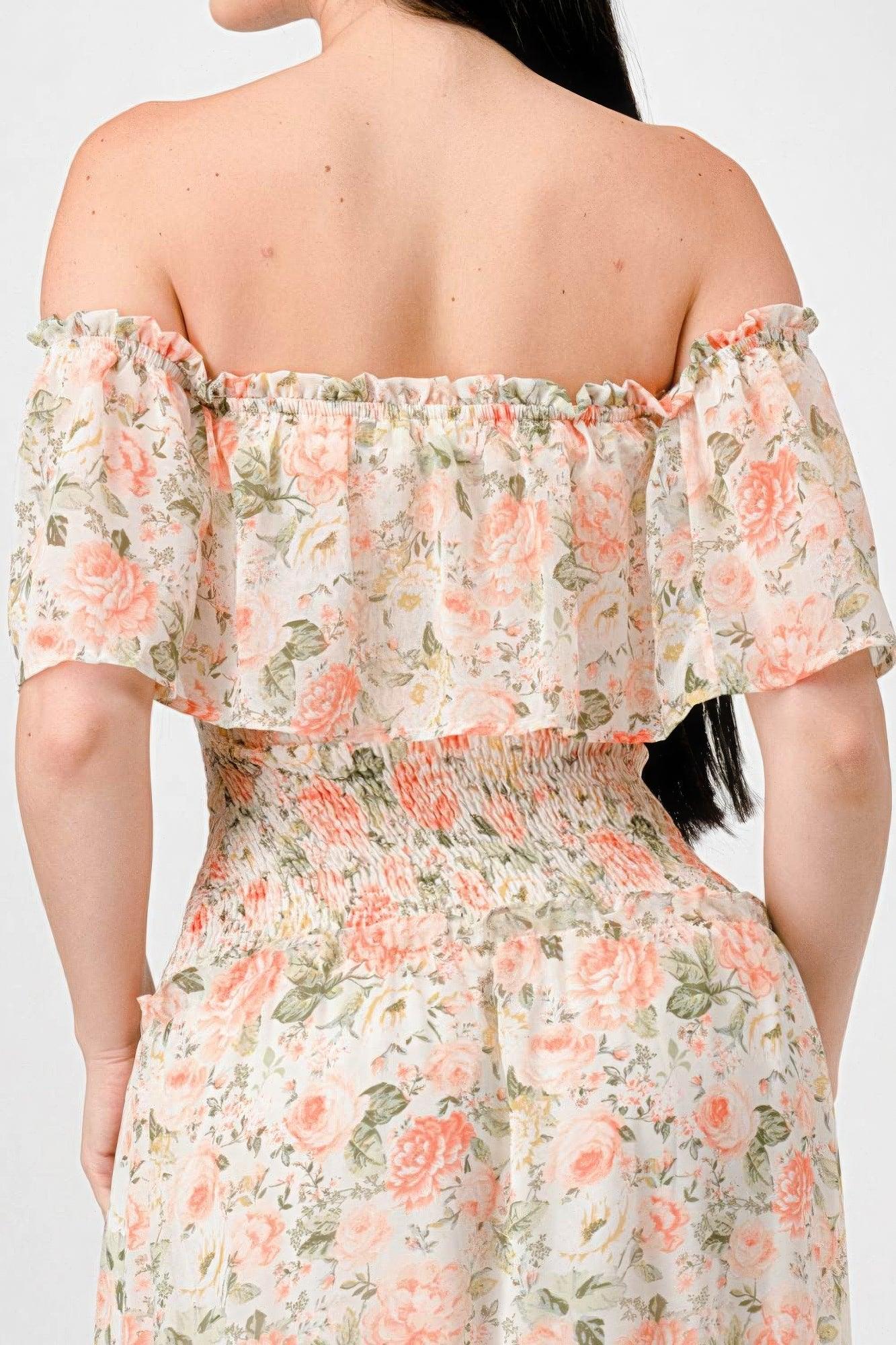 Floral Chiffon Off Shoulder Smocked Back Ruffled Tiered Maxi Dress - Clothes For Her Online Store