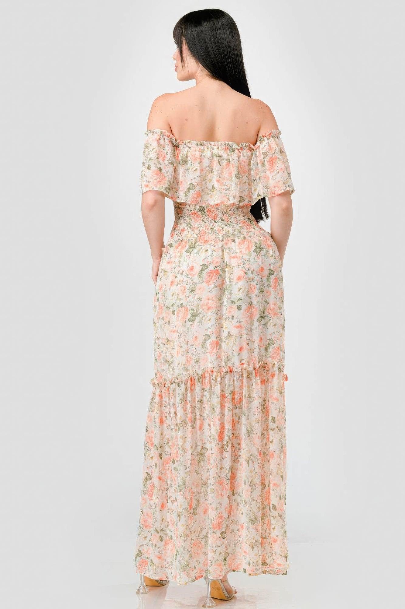 Floral Chiffon Off Shoulder Smocked Back Ruffled Tiered Maxi Dress - Clothes For Her Online Store