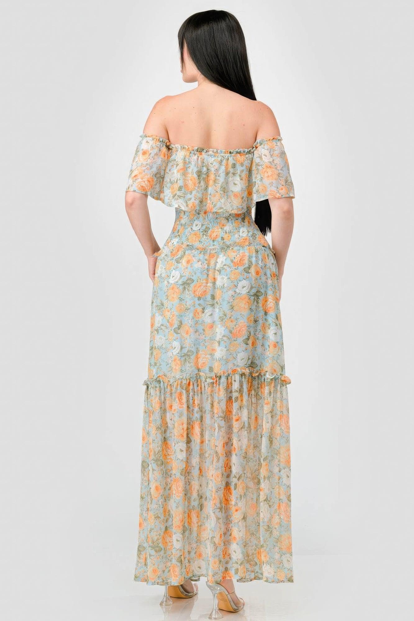 Floral Chiffon Off Shoulder Smocked Back Ruffled Tiered Maxi Dress - Clothes For Her Online Store