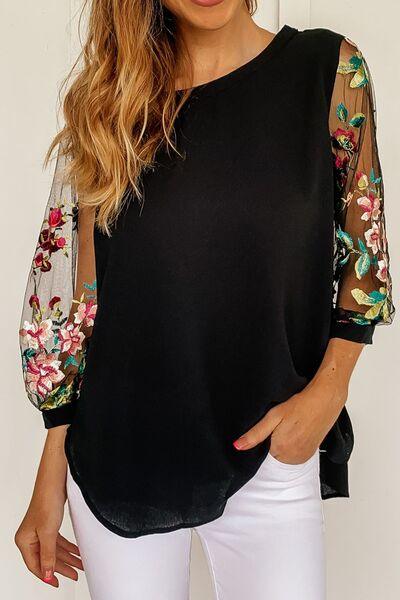 Floral Embroidered Sleeve Round Neck Blouse - Clothes For Her Online Store