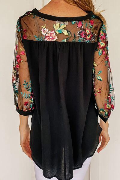 Floral Embroidered Sleeve Round Neck Blouse - Clothes For Her Online Store