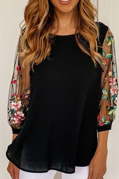 Floral Embroidered Sleeve Round Neck Blouse - Clothes For Her Online Store