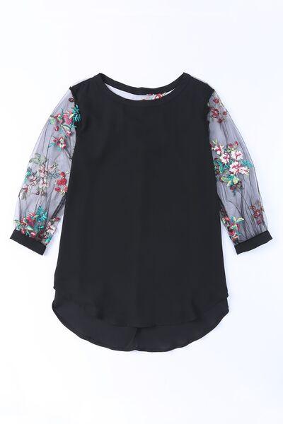 Floral Embroidered Sleeve Round Neck Blouse - Clothes For Her Online Store