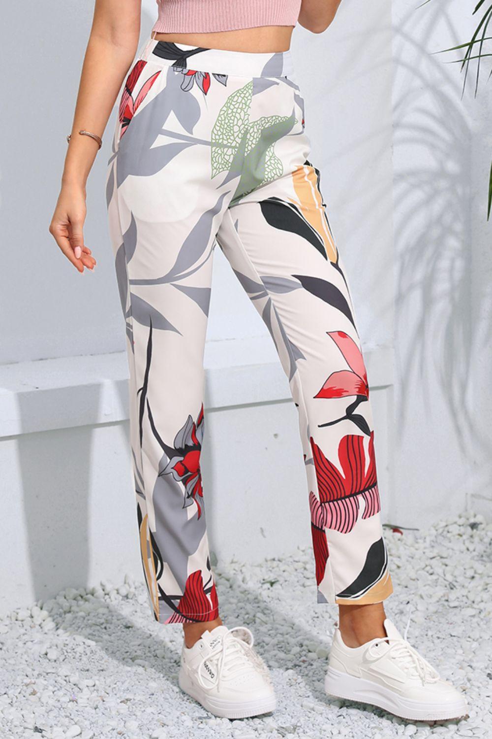 Floral Print Cropped Pants with Pockets - Clothes For Her Online Store