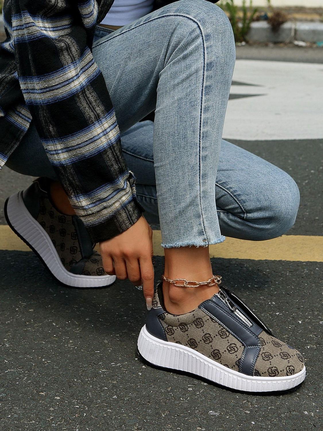 Floral Round Toe Sneakers with Zip - Clothes For Her Online Store