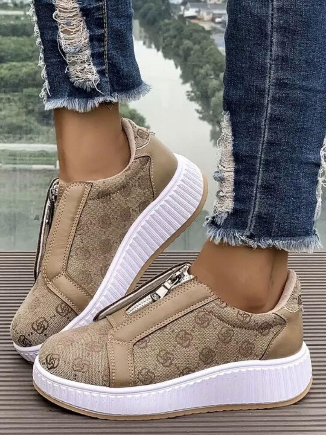 Floral Round Toe Sneakers with Zip - Clothes For Her Online Store