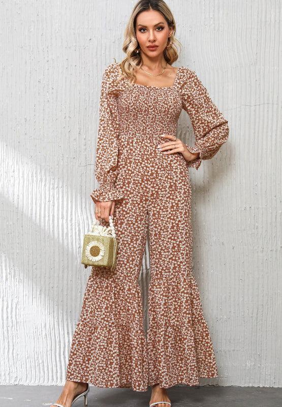 Floral Square Neck Ruffled Wide Leg Jumpsuit - Clothes For Her Online Store