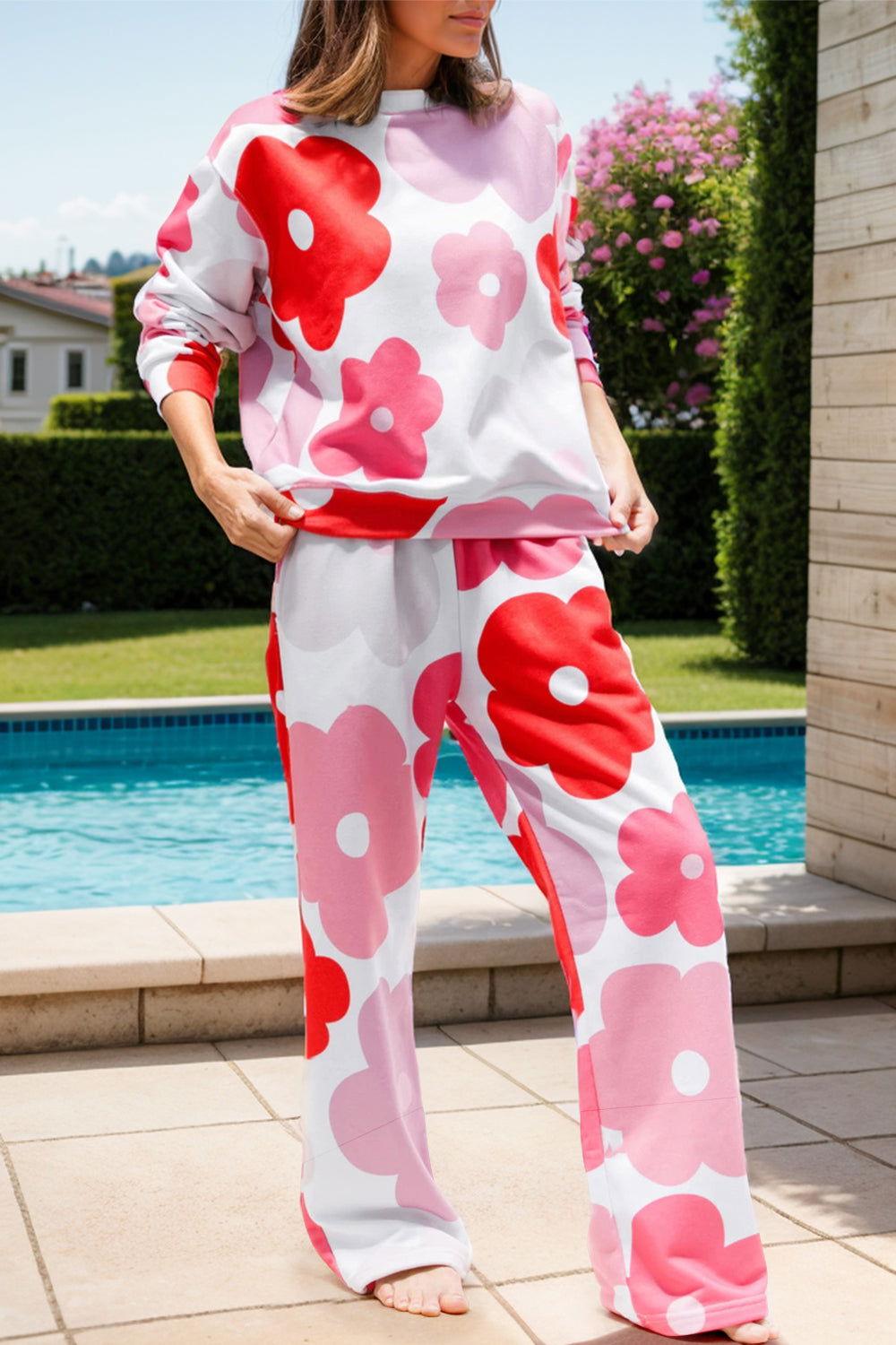 Flower Round Neck Long Sleeve Top and Pants Lounge Set - Clothes For Her Online Store