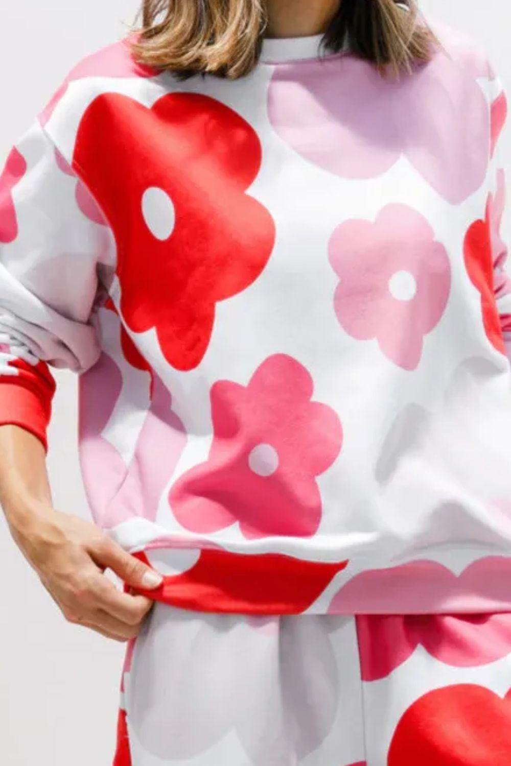 Flower Round Neck Long Sleeve Top and Pants Lounge Set - Clothes For Her Online Store