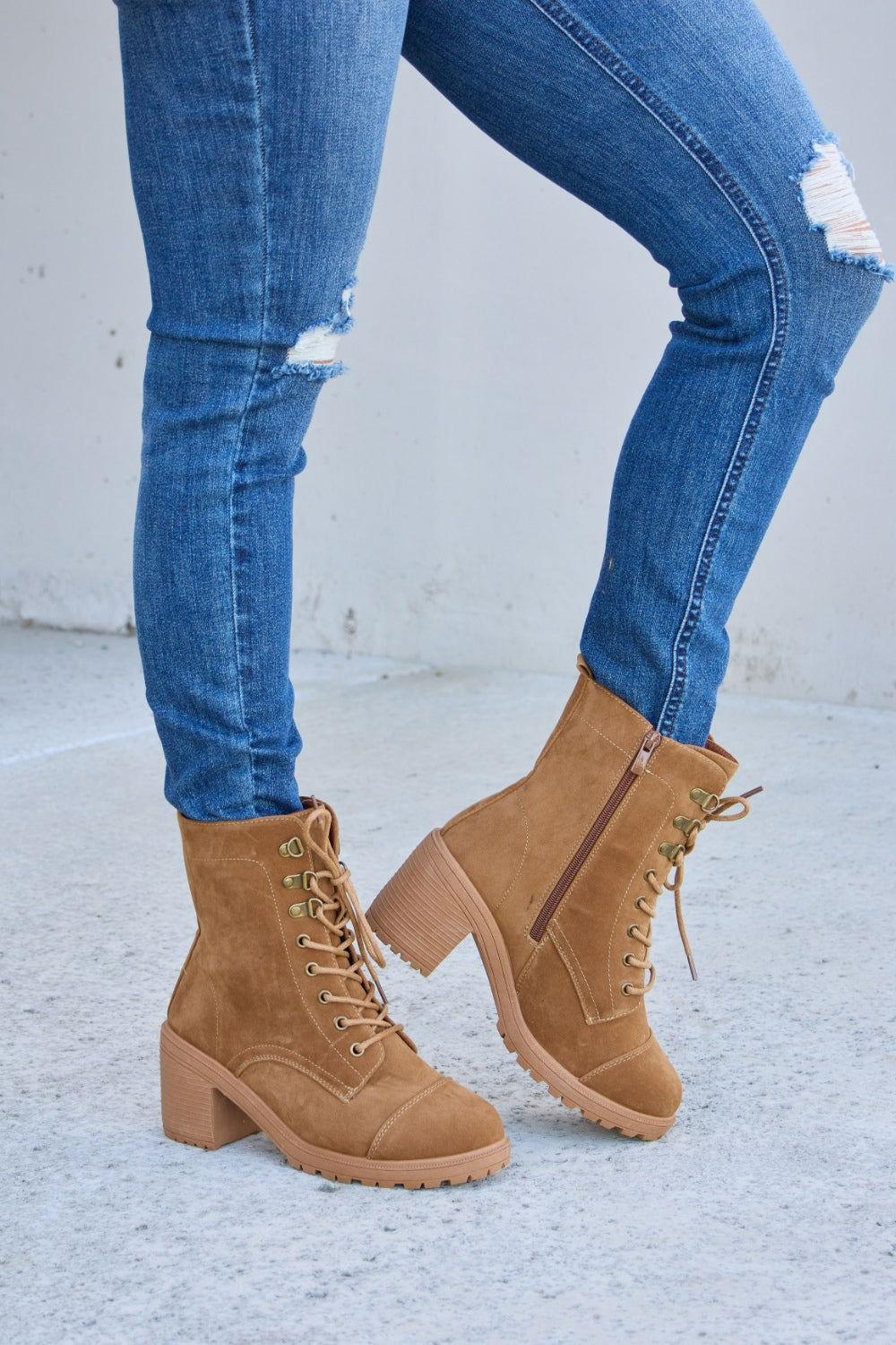Forever Link Lace-Up Zipper Detail Block Heel Boots - Clothes For Her Online Store