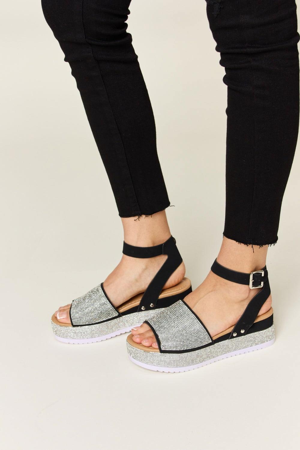 Forever Link Rhinestone Buckle Strappy Wedge Sandals - Clothes For Her Online Store