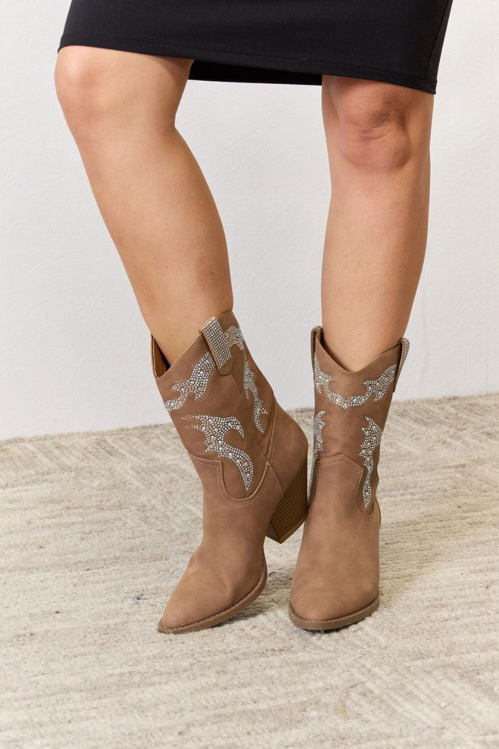 Forever Link Rhinestone Detail Cowboy Boots - Clothes For Her Online Store