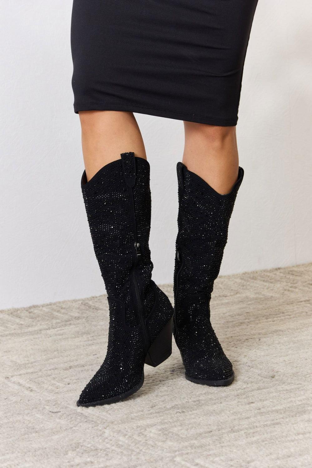 Forever Link Rhinestone Knee High Cowboy Boots - Clothes For Her Online Store