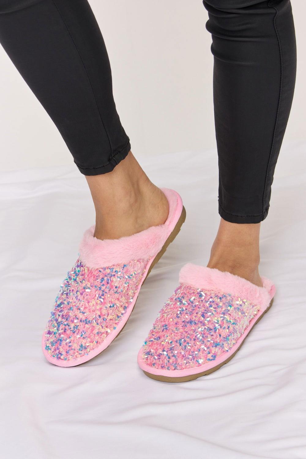 Forever Link Sequin Plush Round Toe Slippers - Clothes For Her Online Store