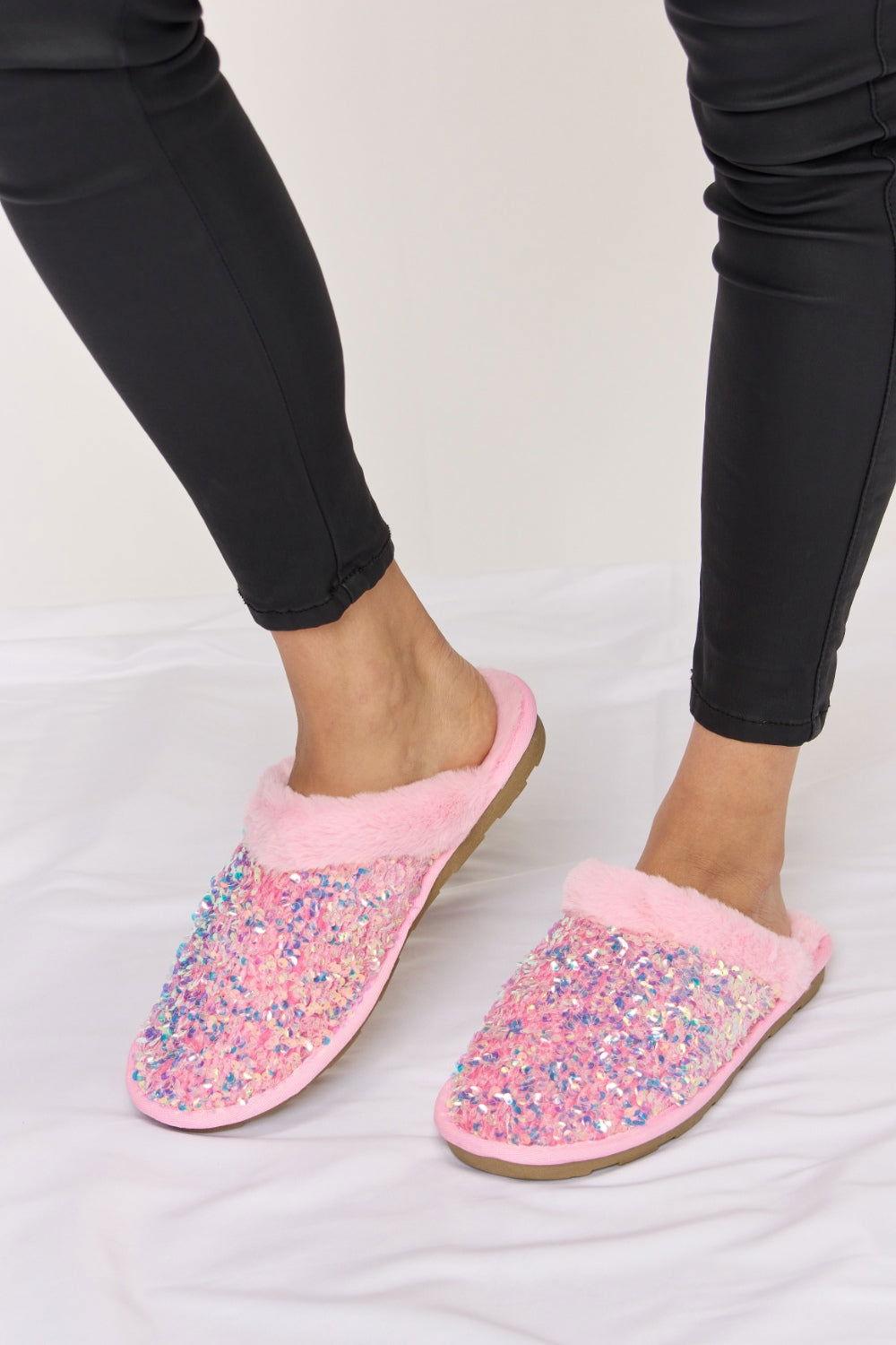 Forever Link Sequin Plush Round Toe Slippers - Clothes For Her Online Store