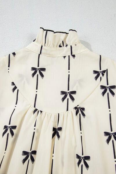 Frill Bow Print Notched Short Sleeve Mini Dress - Clothes For Her Online Store