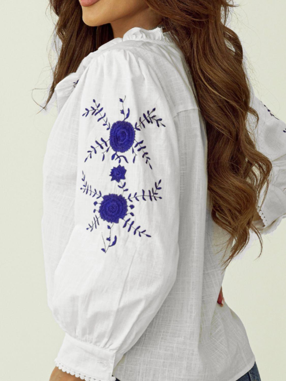 Frill Floral Embroidered Sleeve Shirt - Clothes For Her Online Store