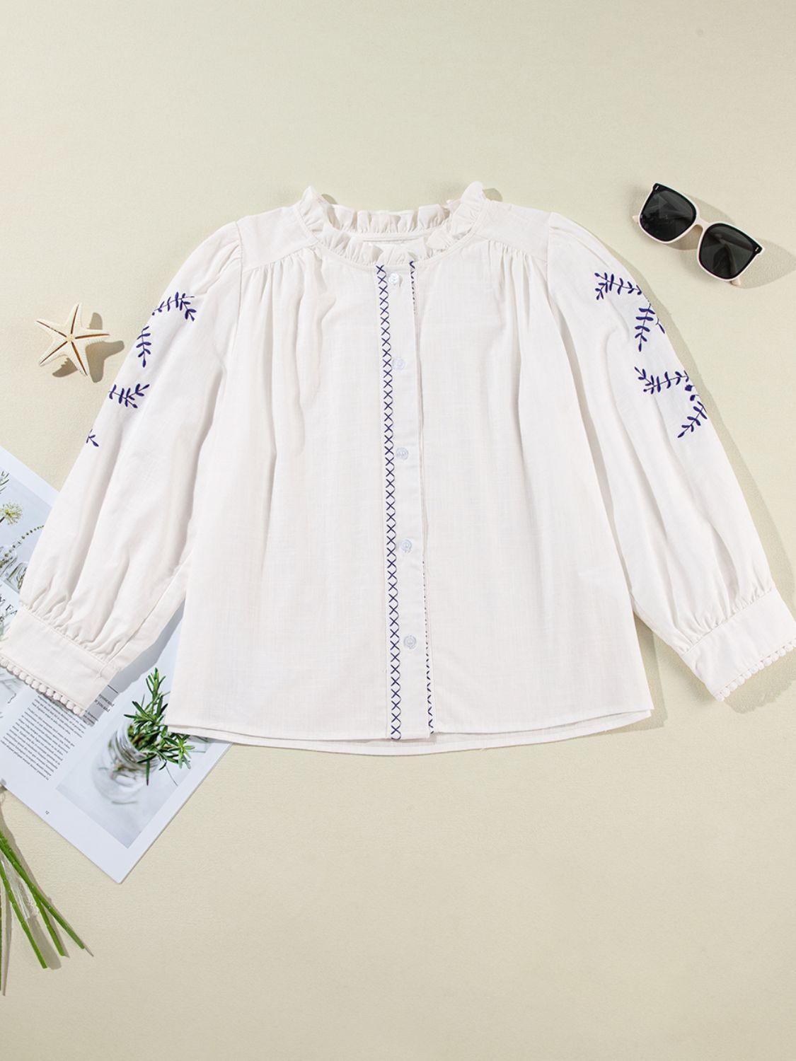 Frill Floral Embroidered Sleeve Shirt - Clothes For Her Online Store