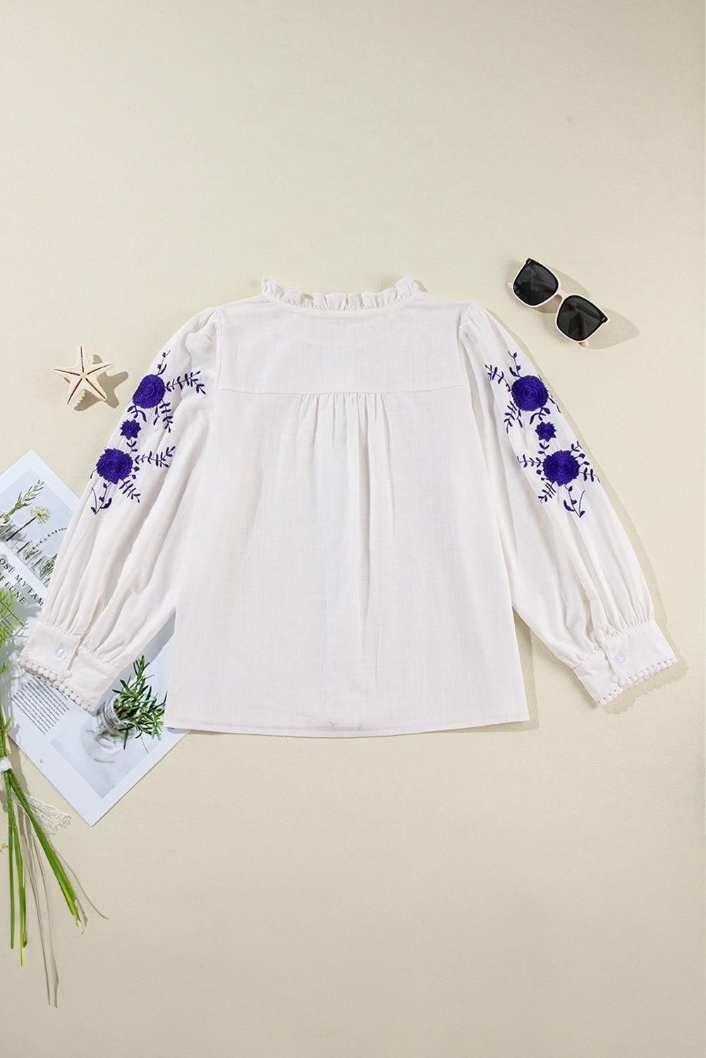 Frill Floral Embroidered Sleeve Shirt - Clothes For Her Online Store