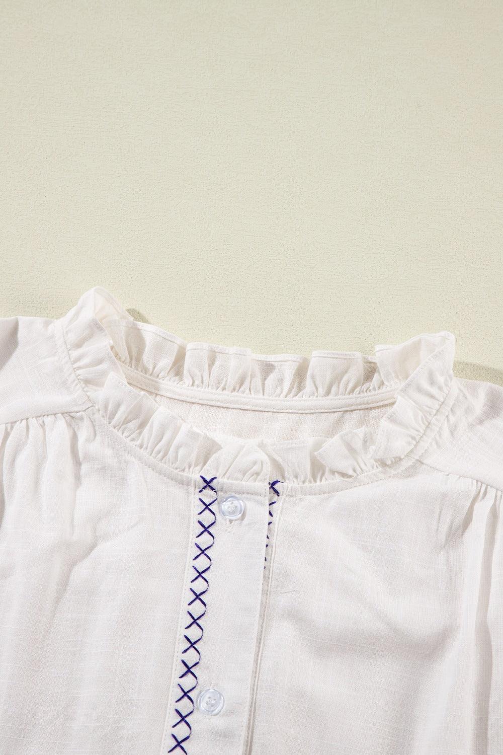 Frill Floral Embroidered Sleeve Shirt - Clothes For Her Online Store