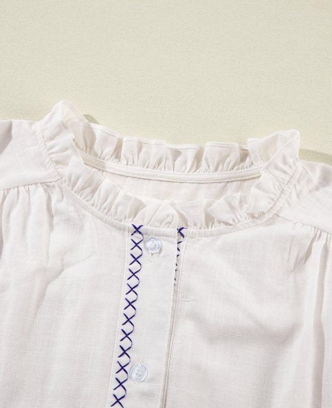 Frill Floral Embroidered Sleeve Shirt - Clothes For Her Online Store