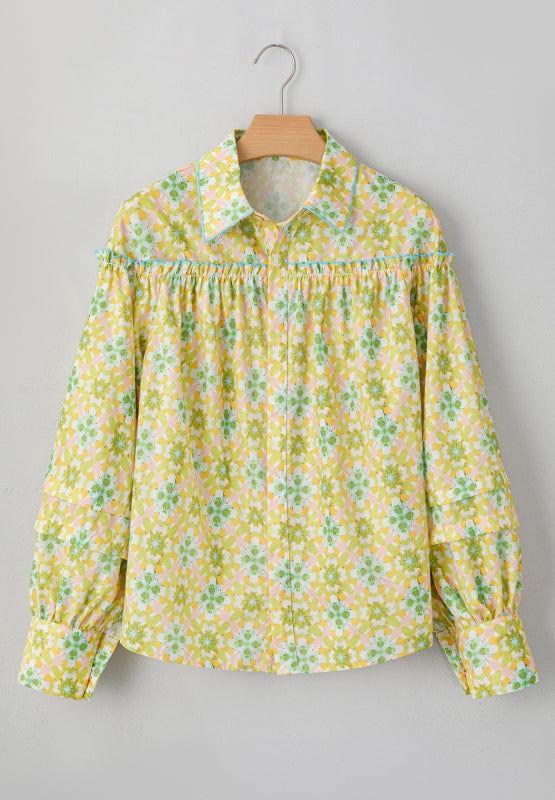 Frill Printed Collared Neck Long Sleeve Blouse - Clothes For Her Online Store