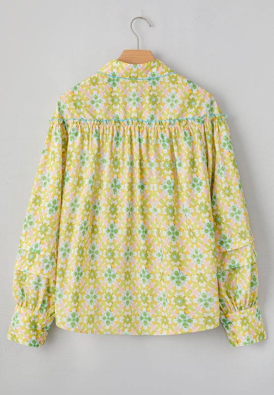 Frill Printed Collared Neck Long Sleeve Blouse - Clothes For Her Online Store